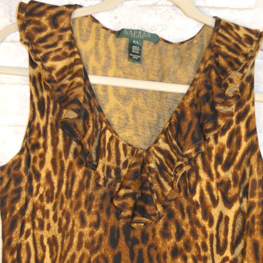 Ralph Lauren Leopard print, ruffled v neck collar, sleeveless, soft blouse.